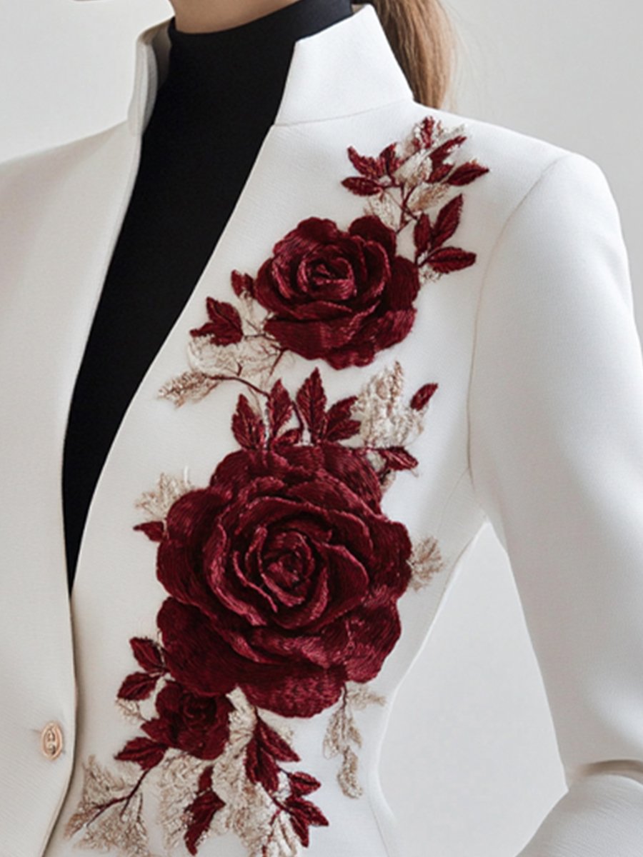 White Tailored Blazer with Red Rose Embroidery - Blazer