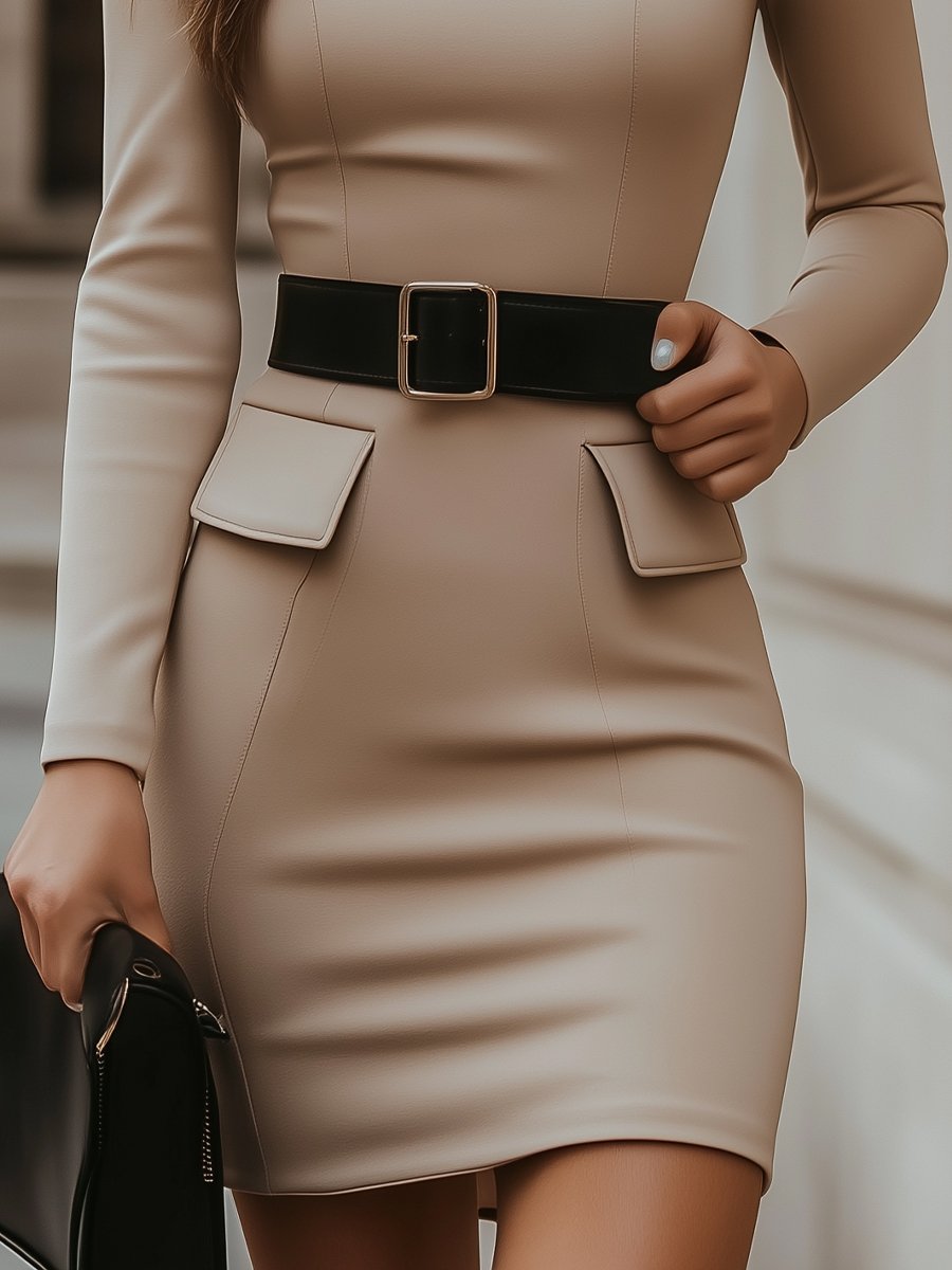 Beige Turtleneck Bodycon with Black Belt Accent - Mini Dress