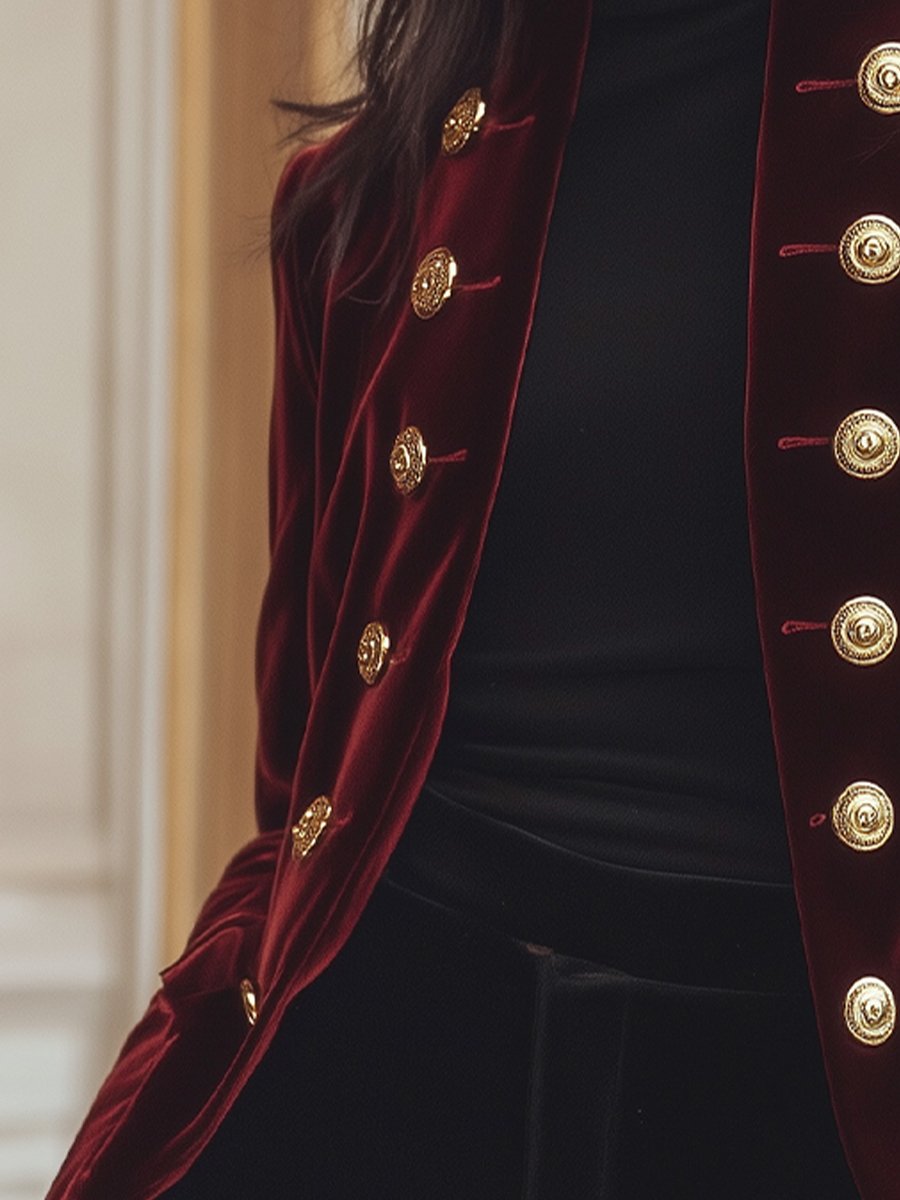 Women's Velvet Blazer with Gold Trim - Jacket