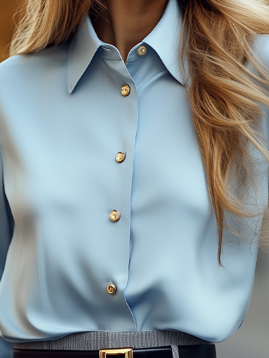 Elegant Powder Blue Shirt with Gold Buttons - Button-Up Shirt