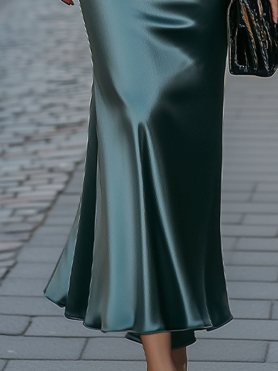 Satin High-Neck Draped Evening Silhouette - Maxi Dress