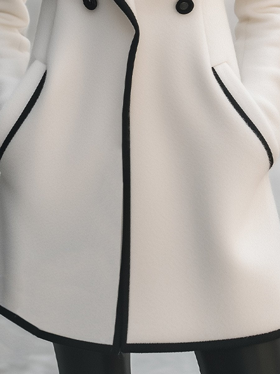 Chic Double-Breasted White Coat with Black Trim - Women's Coat