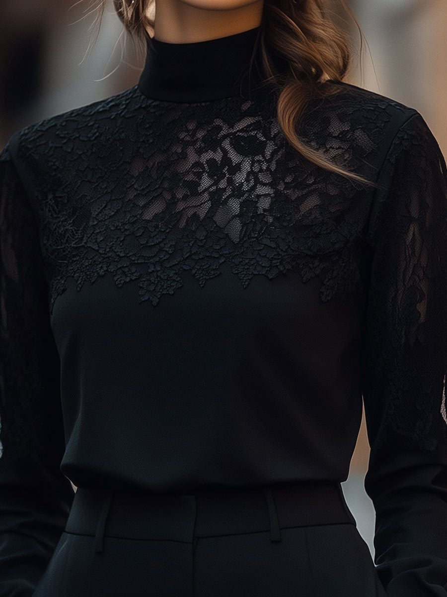 Elegant Sheer Lace Panel Long Sleeve - Blouse