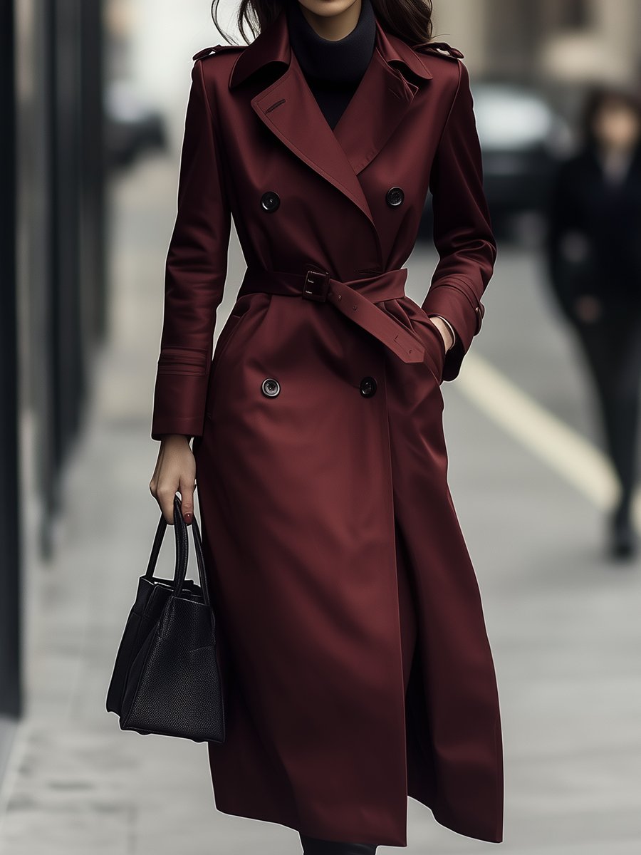 Classic Burgundy Double-Breasted Belted Trench - Trench Coat
