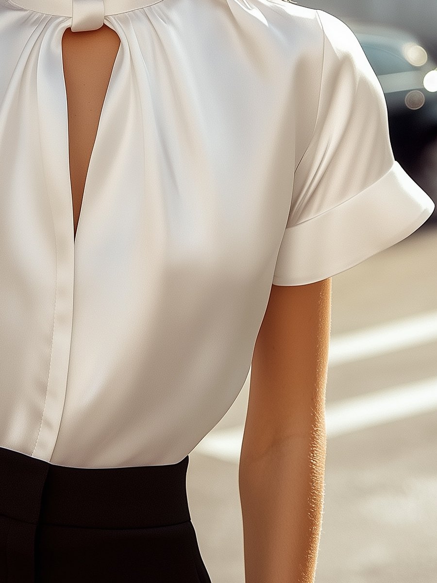 Sophisticated White Satin Keyhole Neckline - Blouse