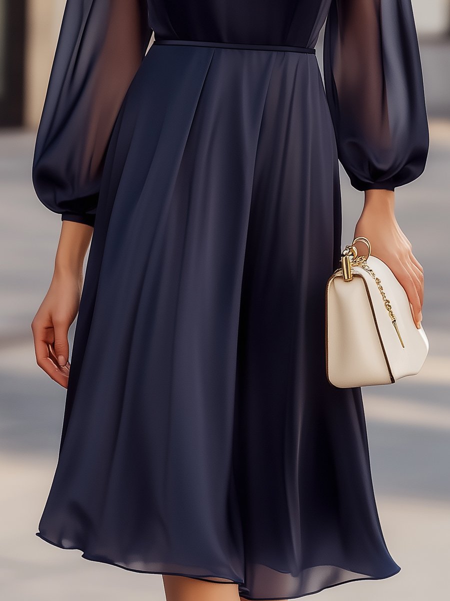 Elegant Navy Chiffon Sheer-Sleeve - Midi Dress