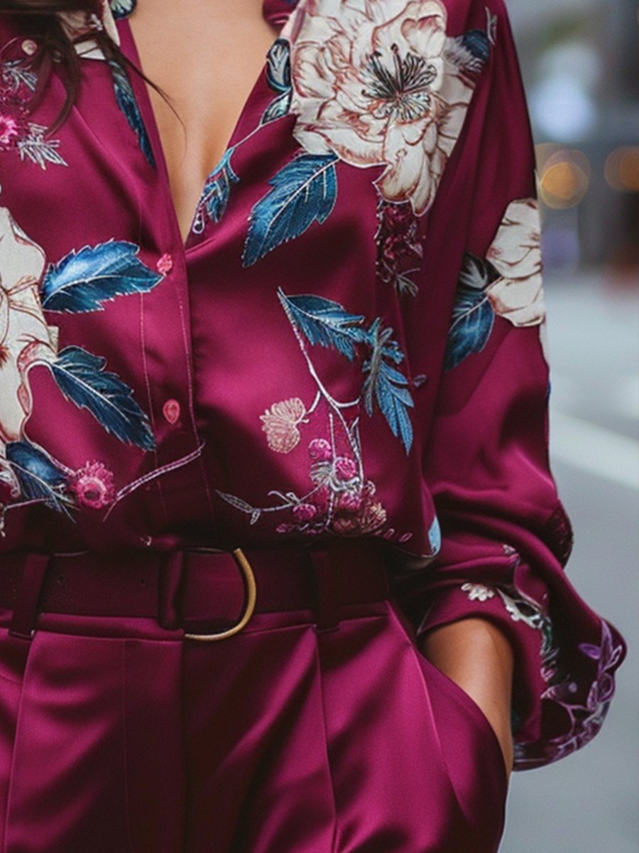 Burgundy Floral Satin V-Neck - Blouse