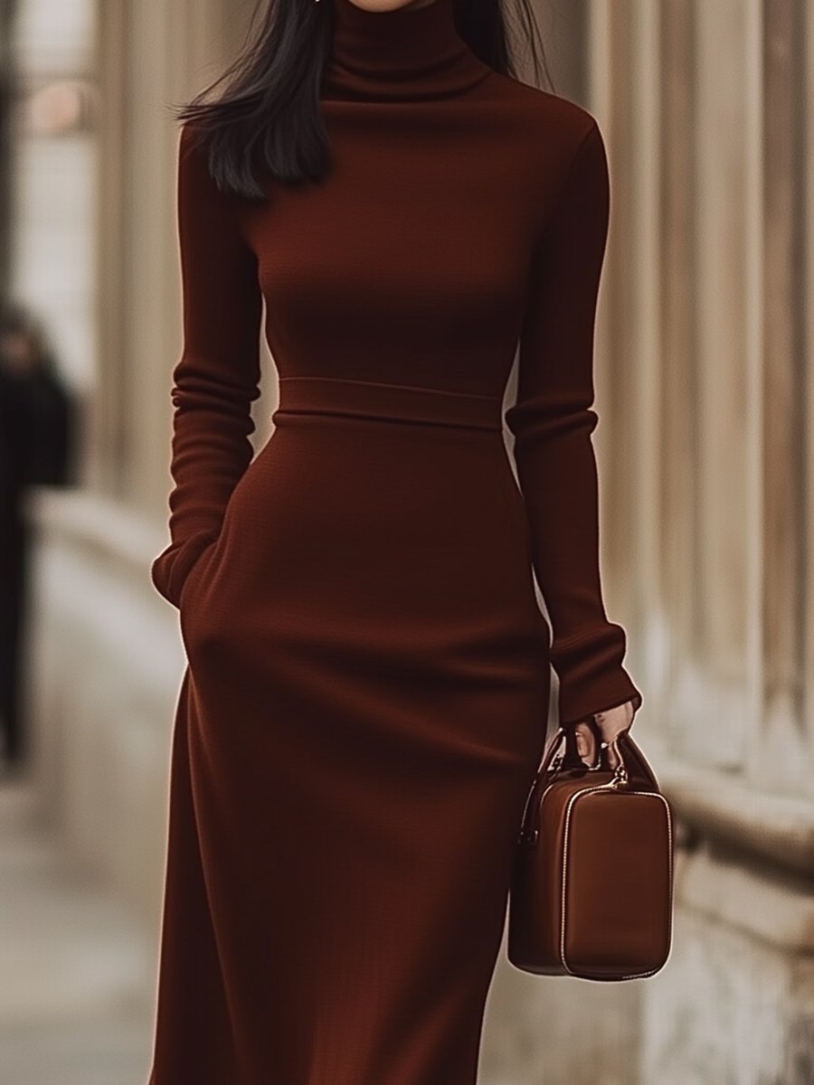 Classic Chocolate Brown Turtleneck - Midi Dress