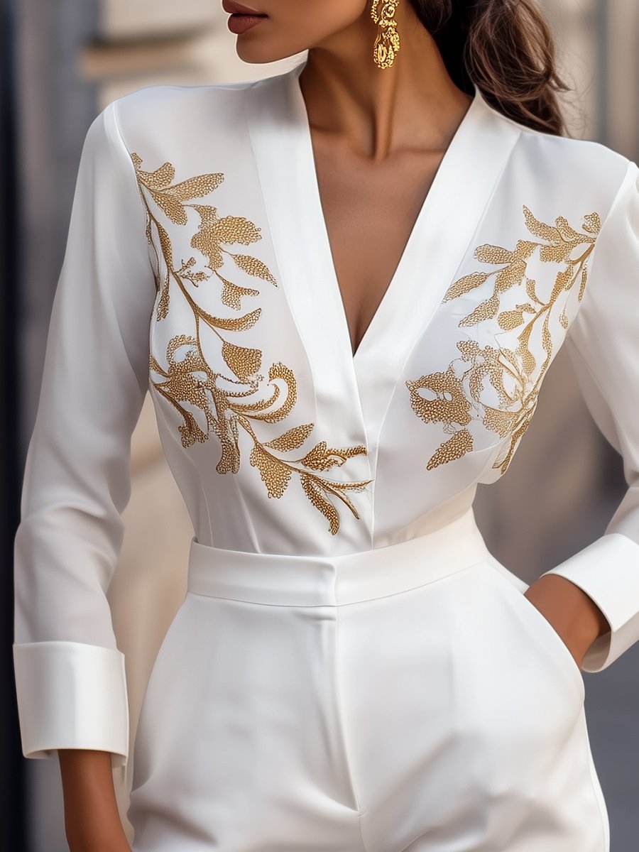White Blouse with Gold Floral Embroidery - Blouse