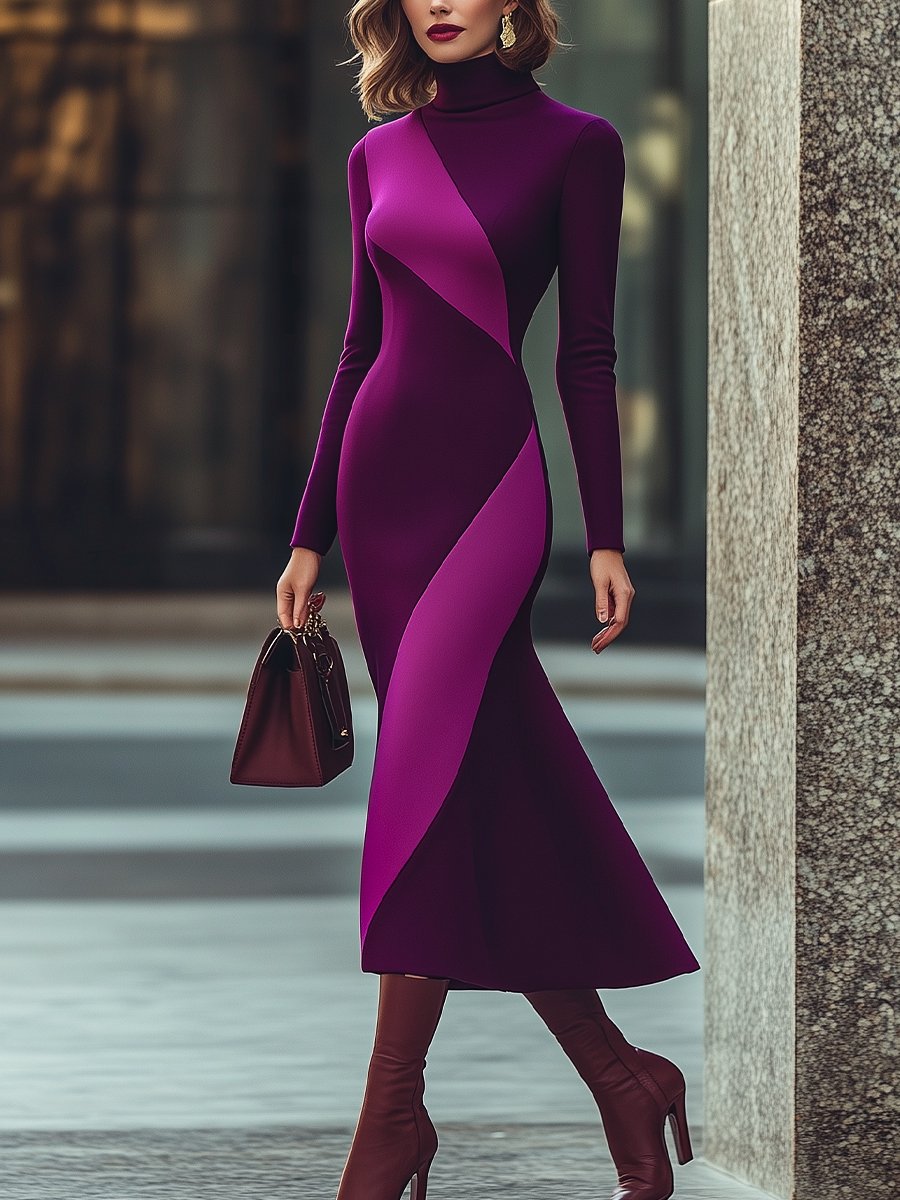 Elegant Plum & Lavender High-Neck Slim-Fit - Midi Dress
