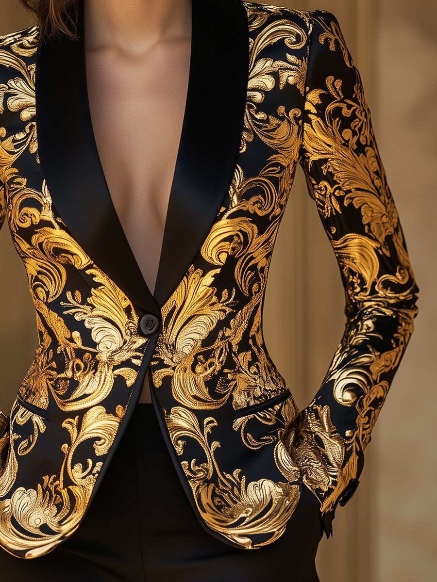 Opulent Black & Gold Baroque Floral Print - Blazer