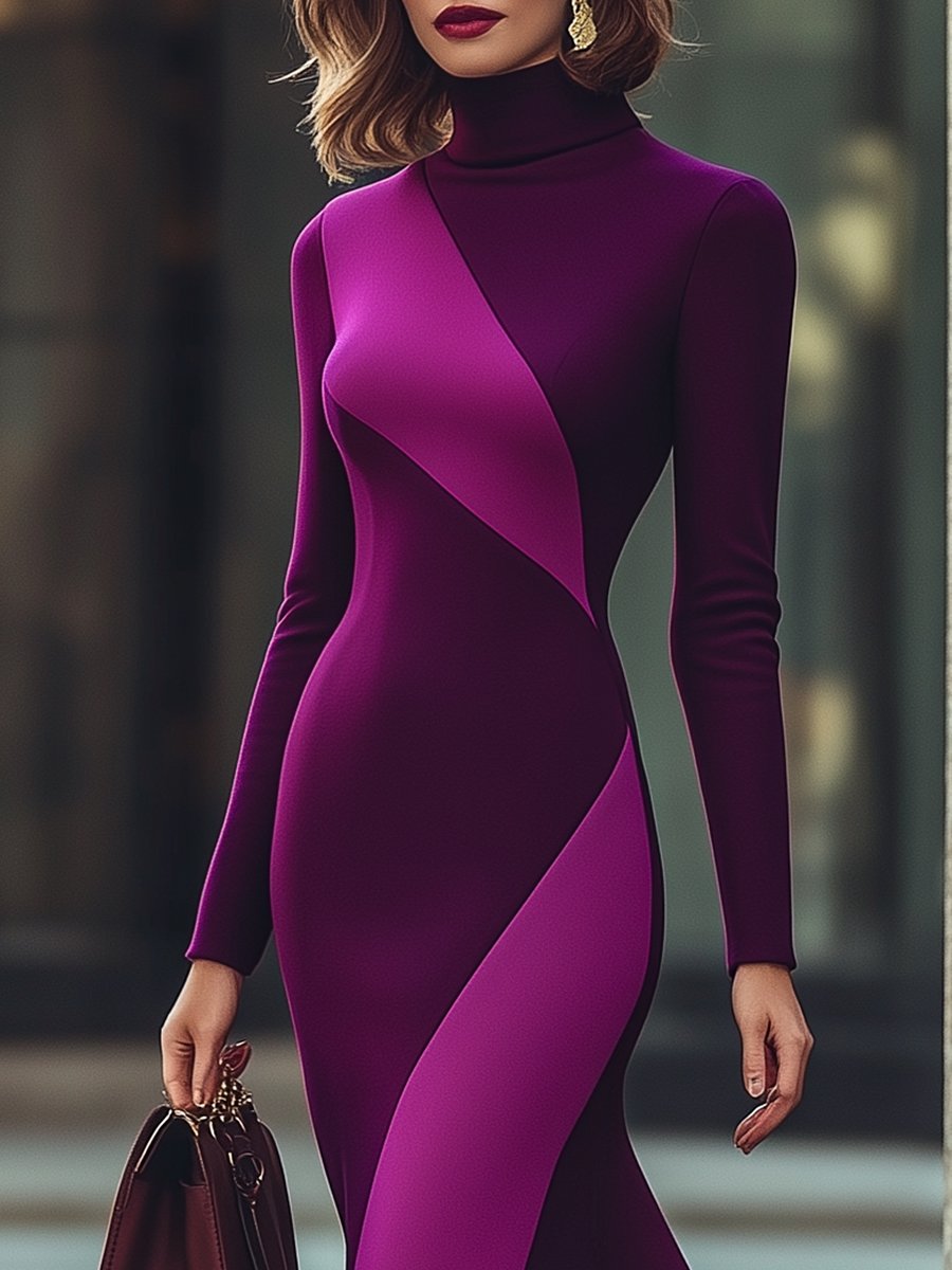 Elegant Plum & Lavender High-Neck Slim-Fit - Midi Dress