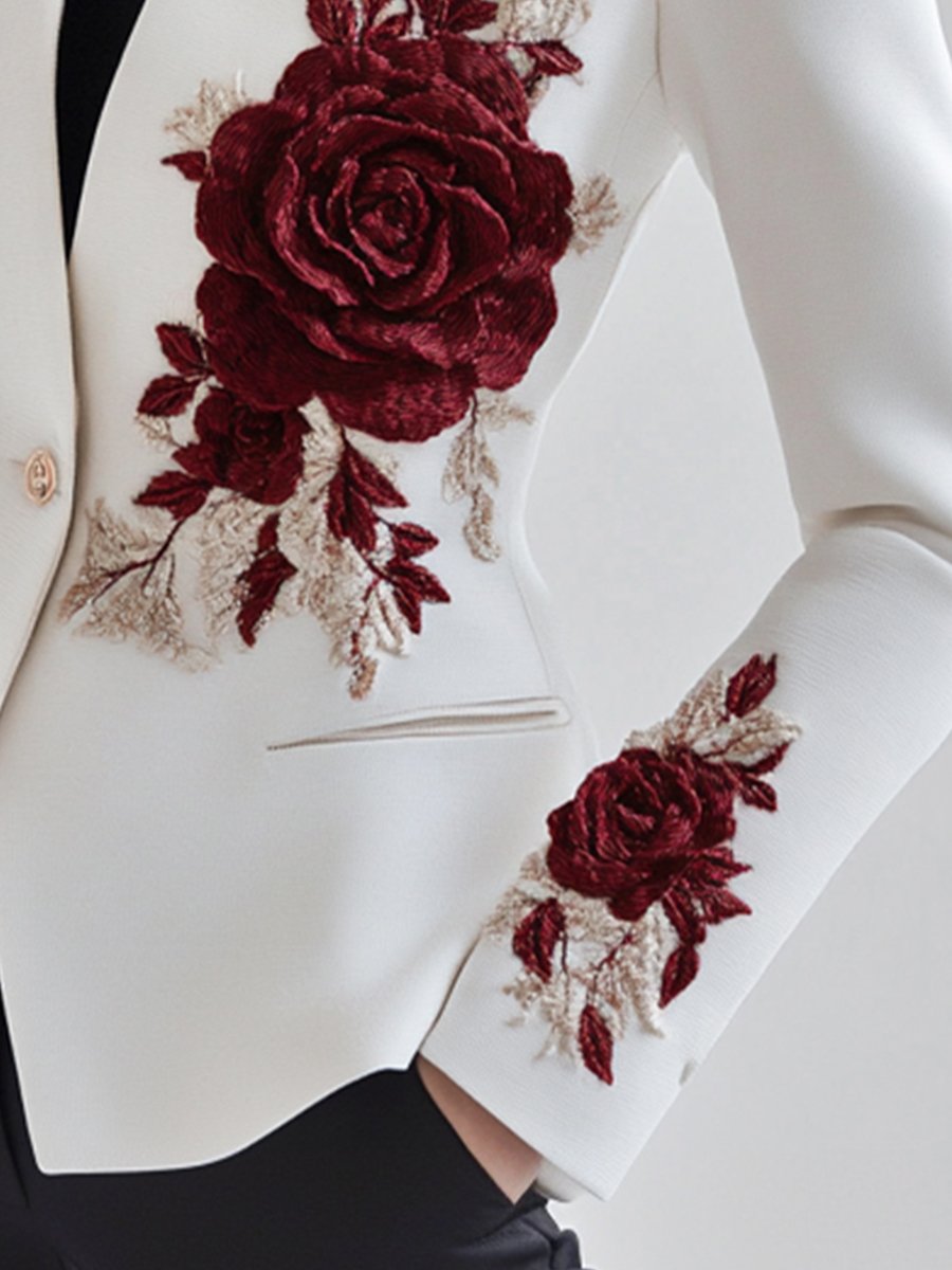 White Tailored Blazer with Red Rose Embroidery - Blazer