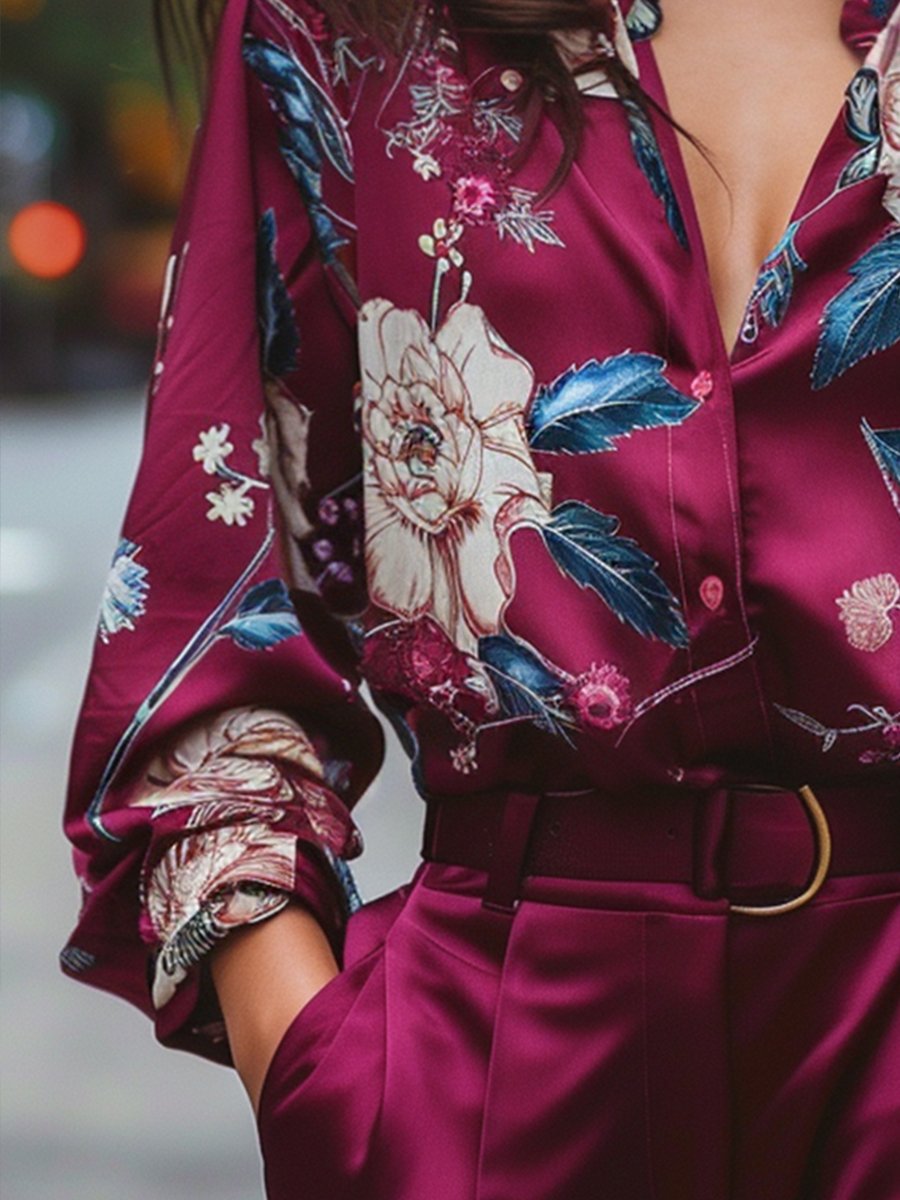 Burgundy Floral Satin V-Neck - Blouse