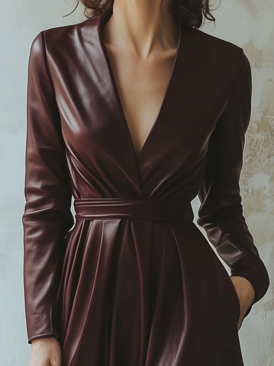 Chic Women's Burgundy Leather Sheath - Mini Dress