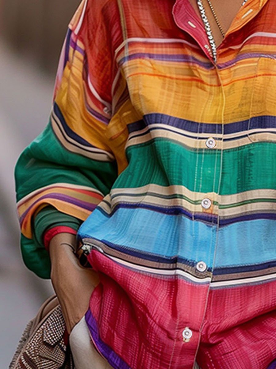 Shirt-Collar Rainbow Stripe Linen Top - Blouse