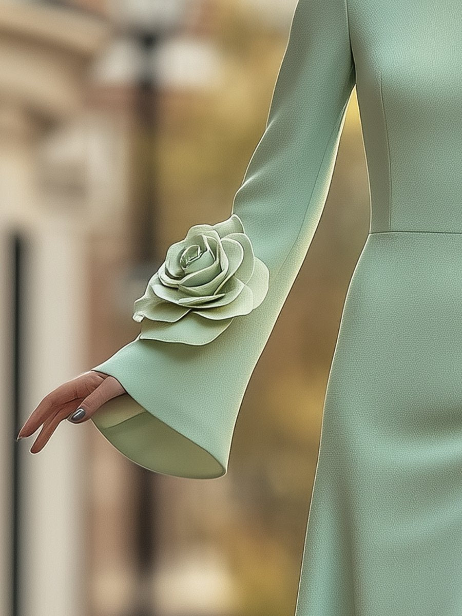 Mint Green 3D Floral A-Line - Midi Dress