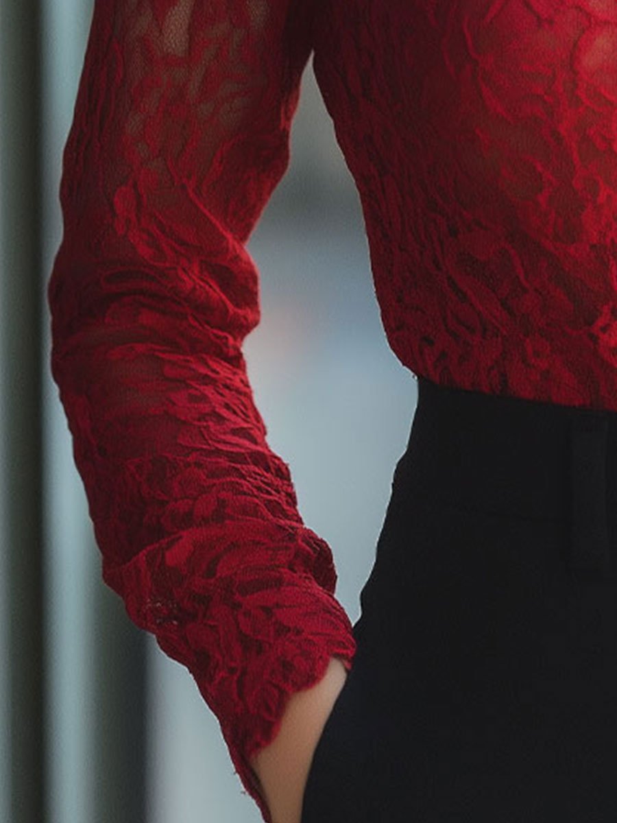 Elegant Floral Lace High-Neck - Blouse