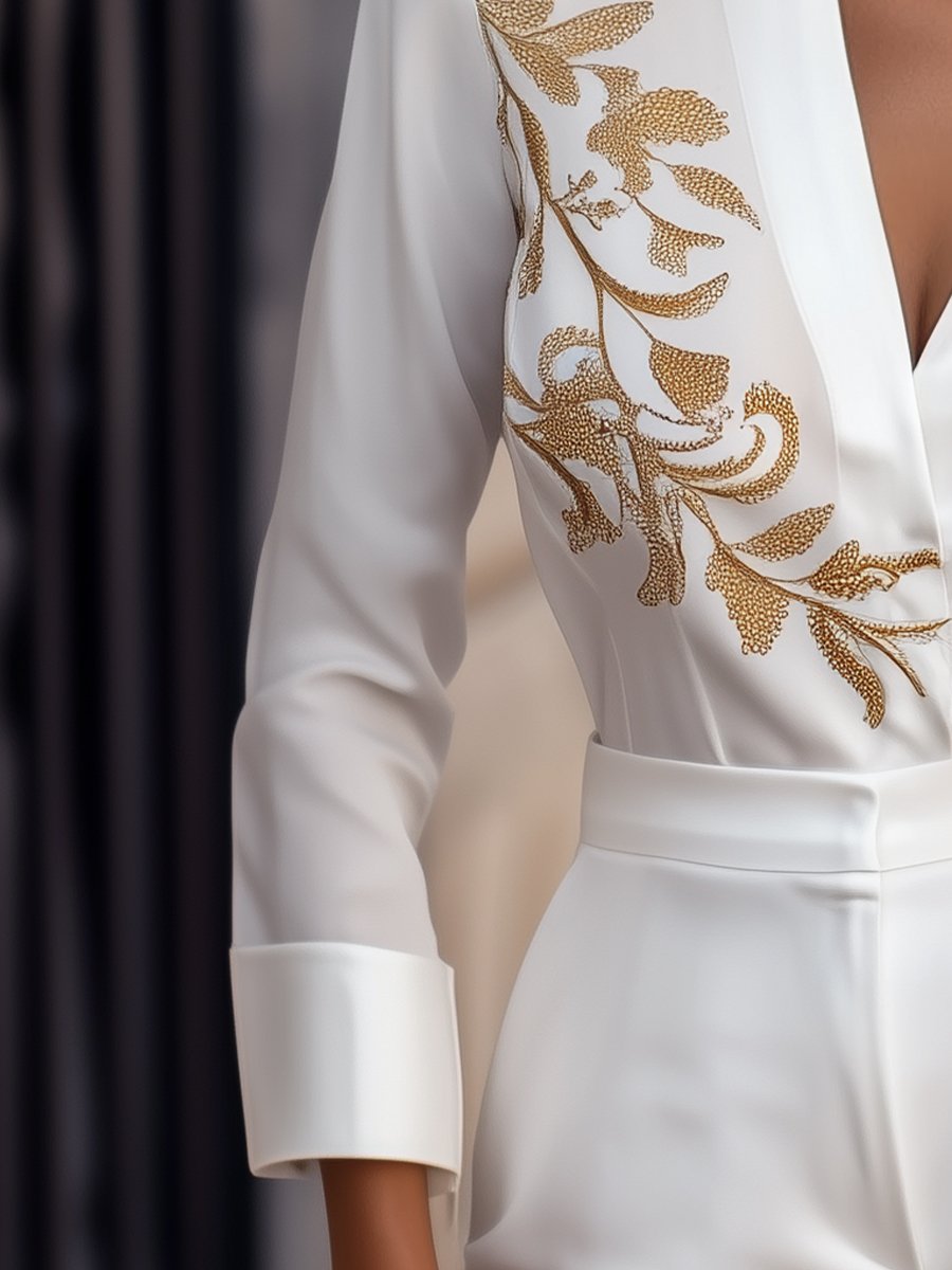 White Blouse with Gold Floral Embroidery - Blouse