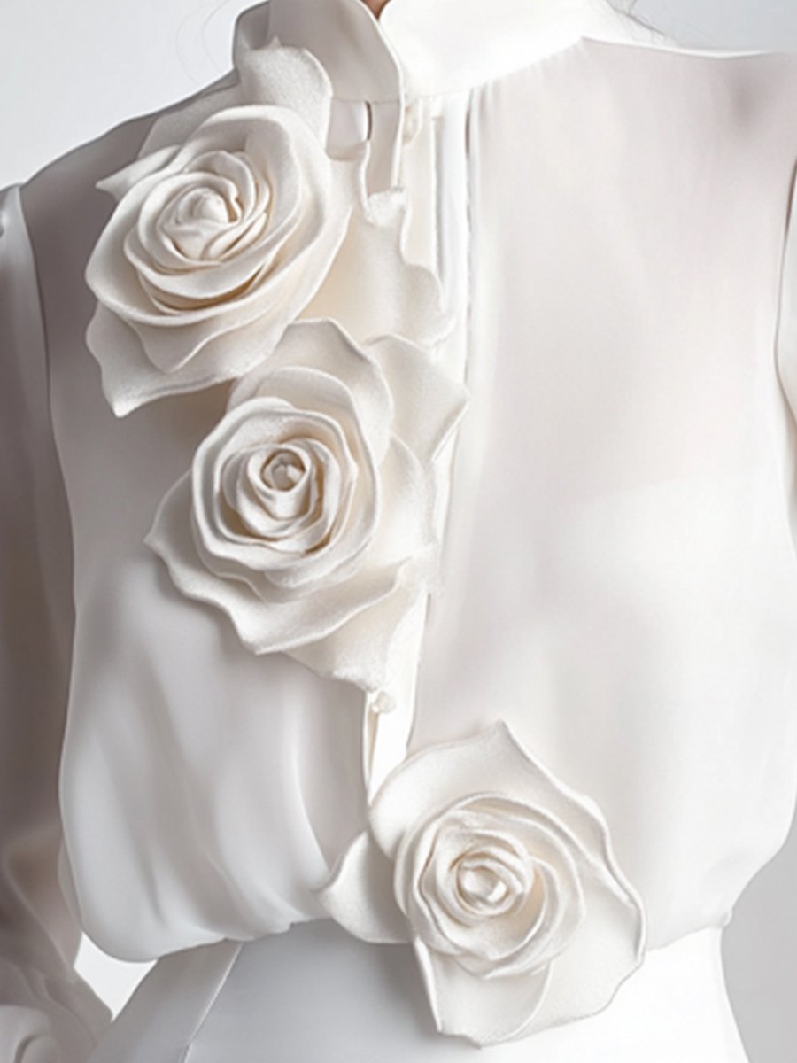 Modern White 3D Rose Applique - Women's Blouse
