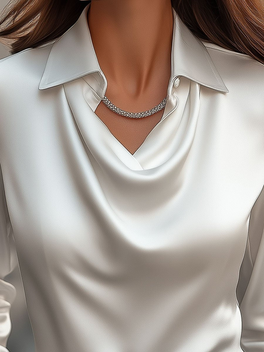 Elegant White Satin Draped Neckline - Women's Blouse