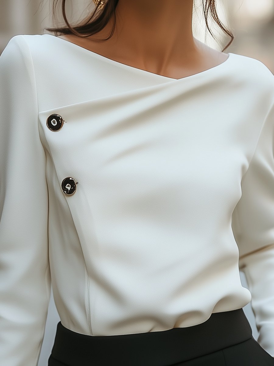 Asymmetric Button-Front White Top - Blouse