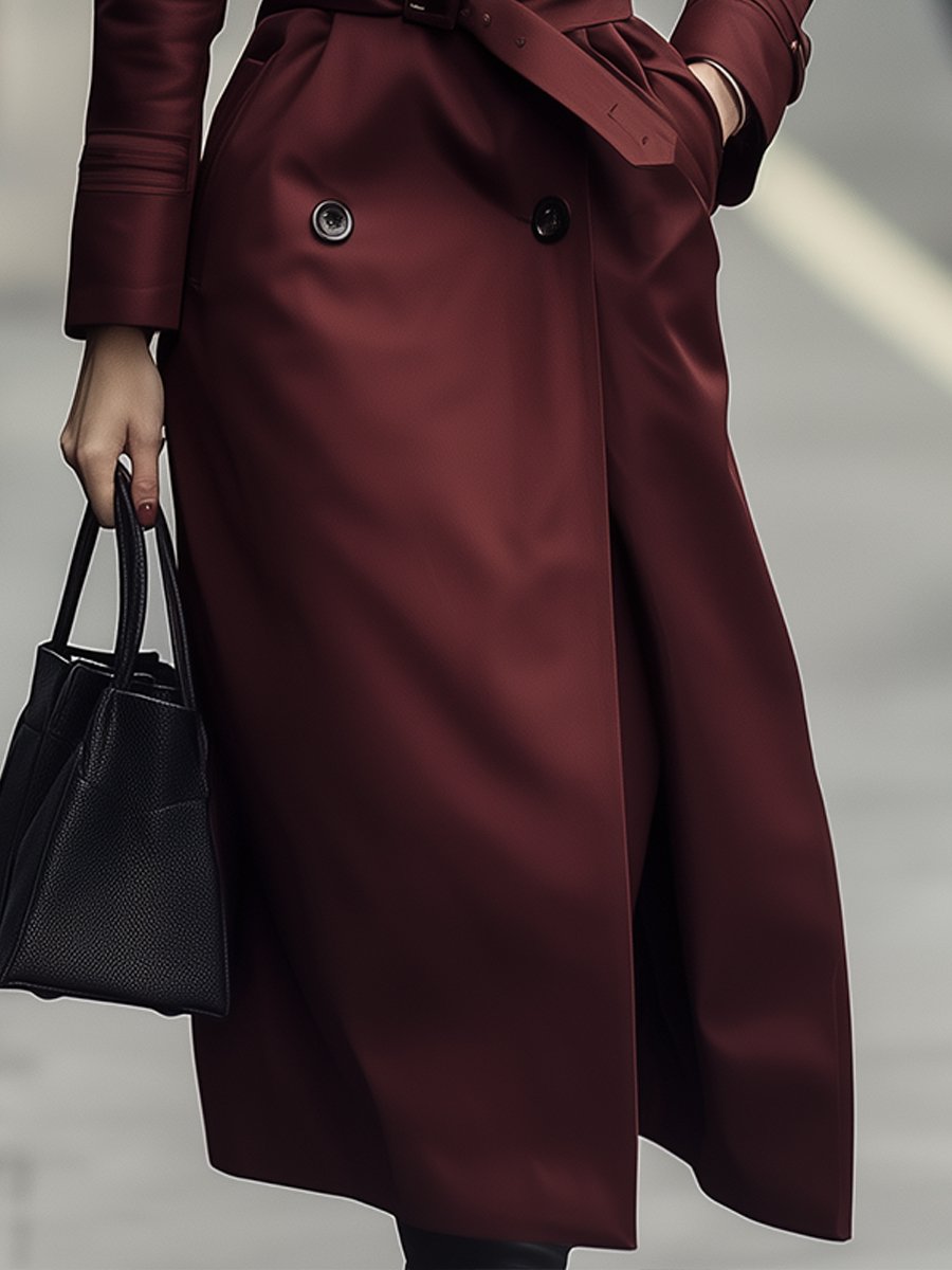 Classic Burgundy Double-Breasted Belted Trench - Trench Coat