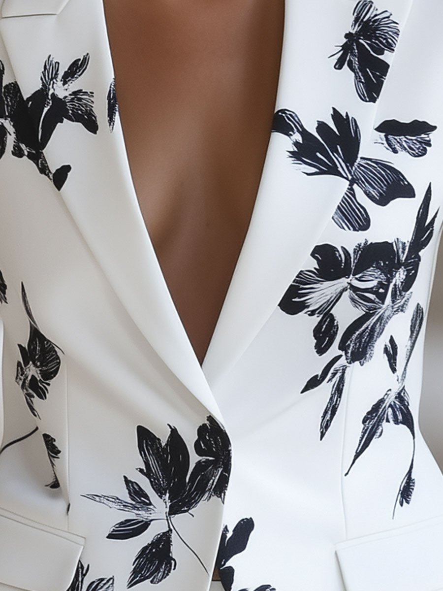 White Blazer with Bold Black Floral Print - Women's Blazer