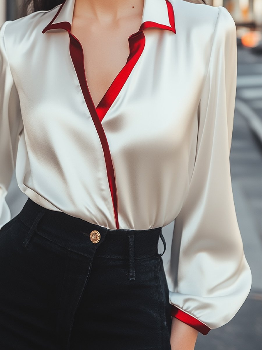 Contrast Collar Satin, Silk‑Look Finish - Blouse