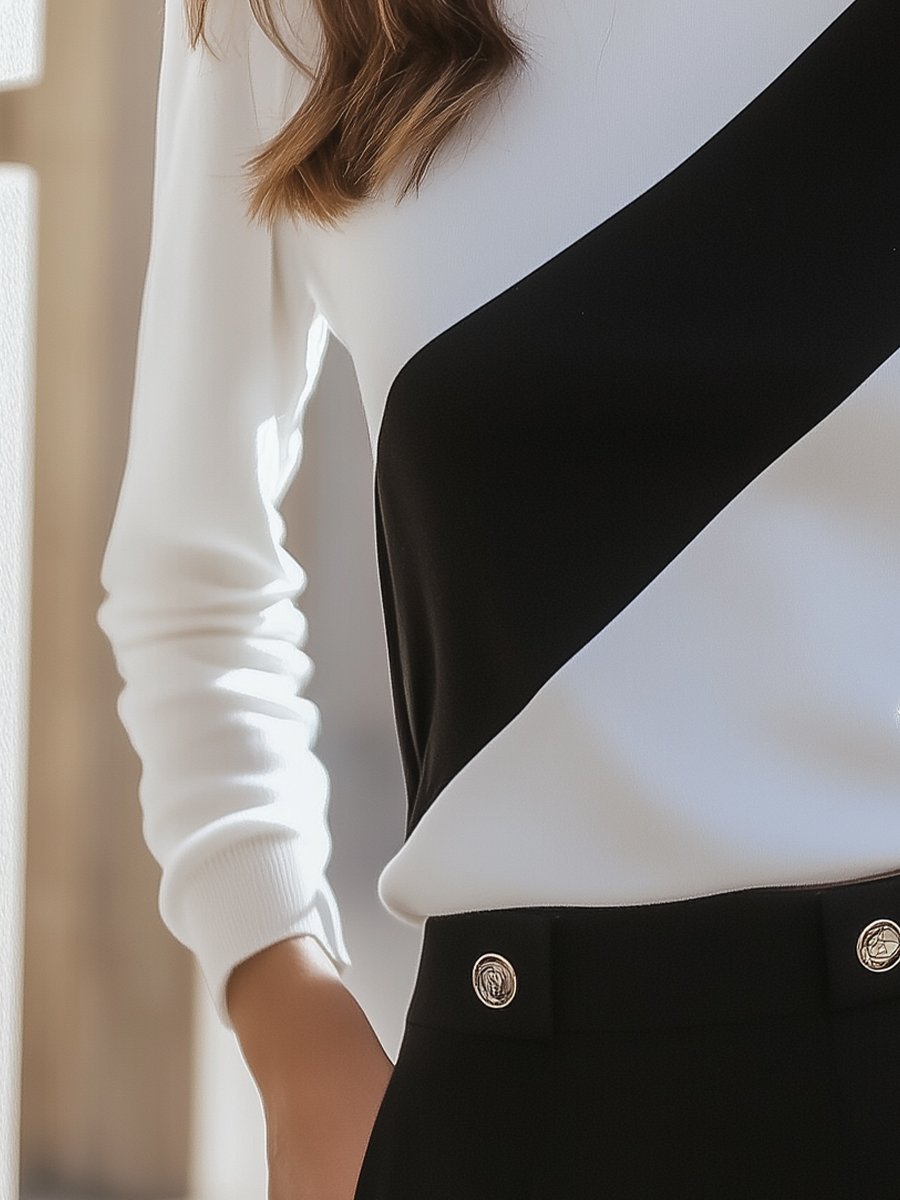 Black and White Diagonal Colorblock Casual Tee - T-Shirt