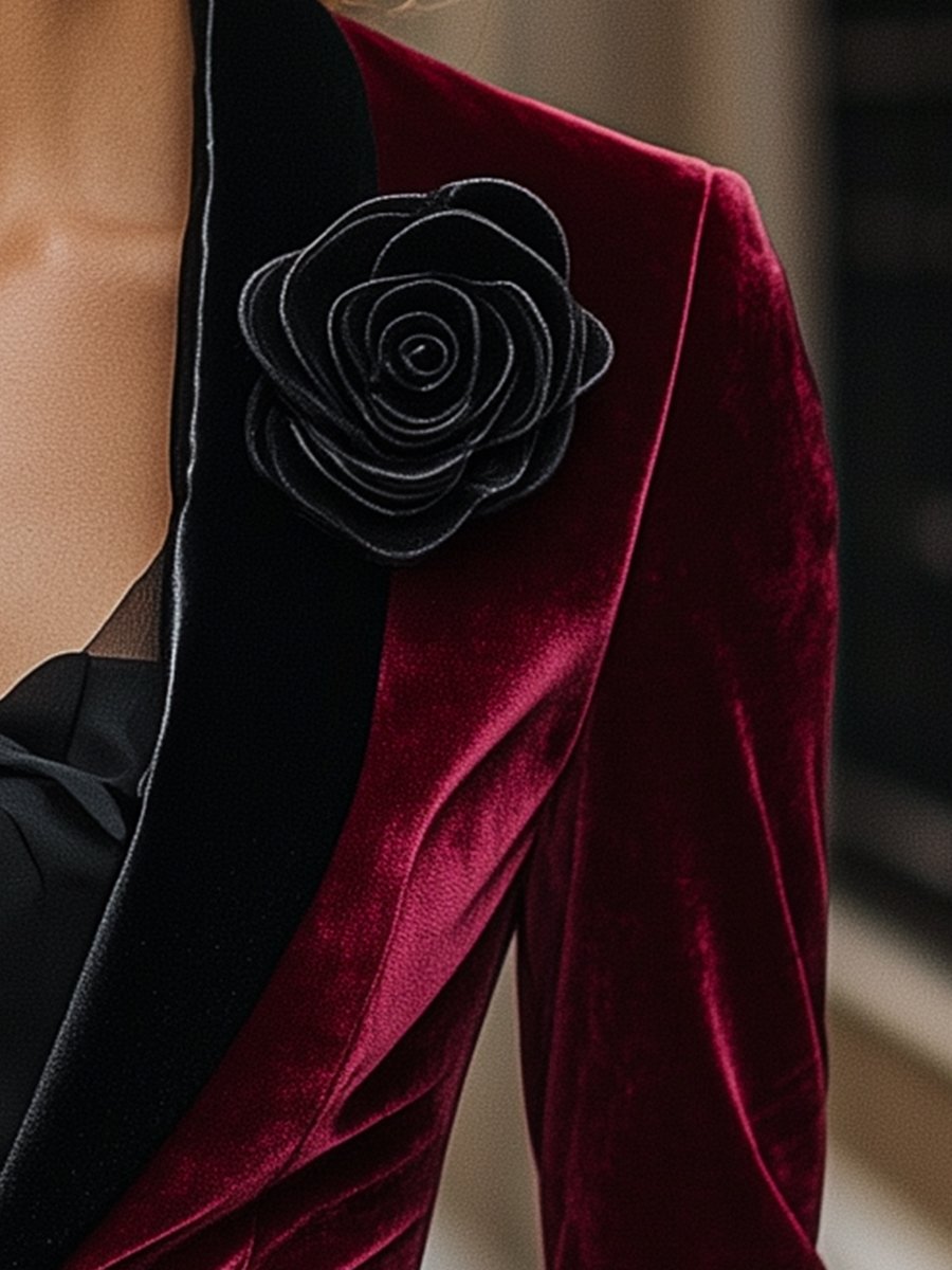 Burgundy Velvet Blazer with Satin Lapels and Black Rose Detail ZJ