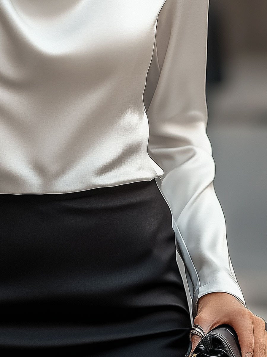 Elegant White Satin Draped Neckline - Women's Blouse