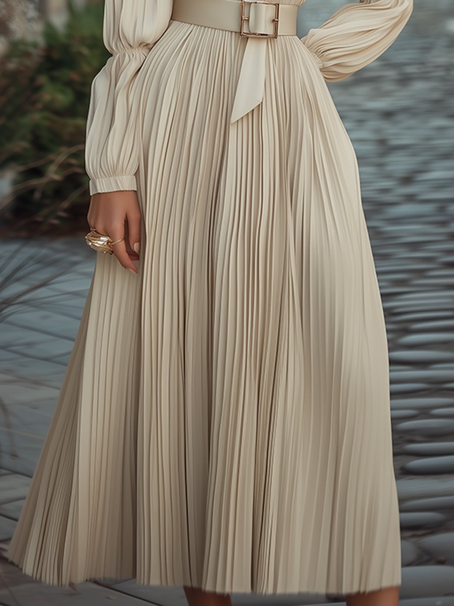 Vintage Ivory Pleated Belted Waist - Midi Dress