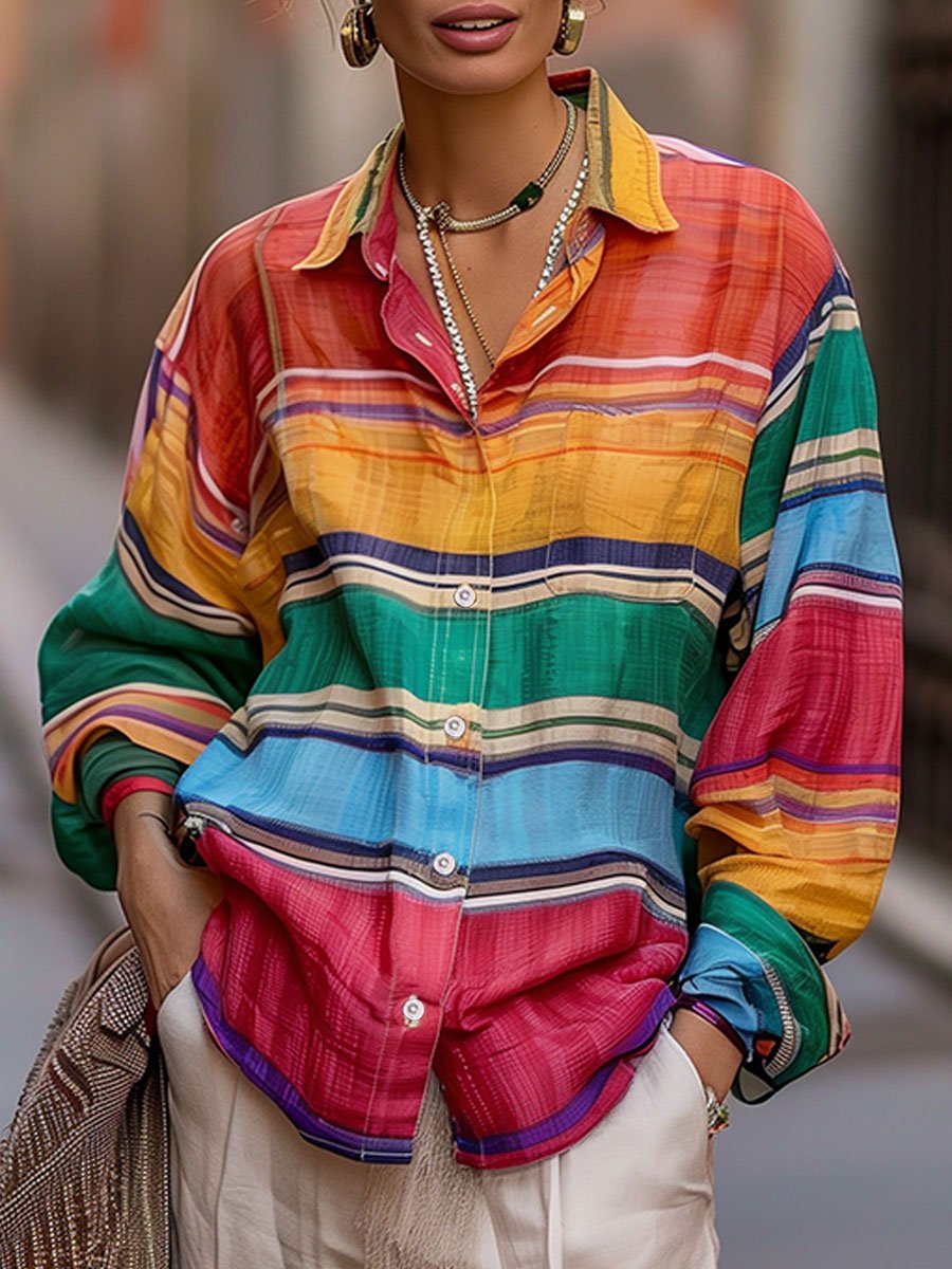 Shirt-Collar Rainbow Stripe Linen Top - Blouse