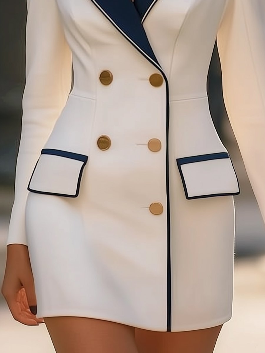 Tailored White Double-Breasted Dress with Navy Lapel - Blazer Dress