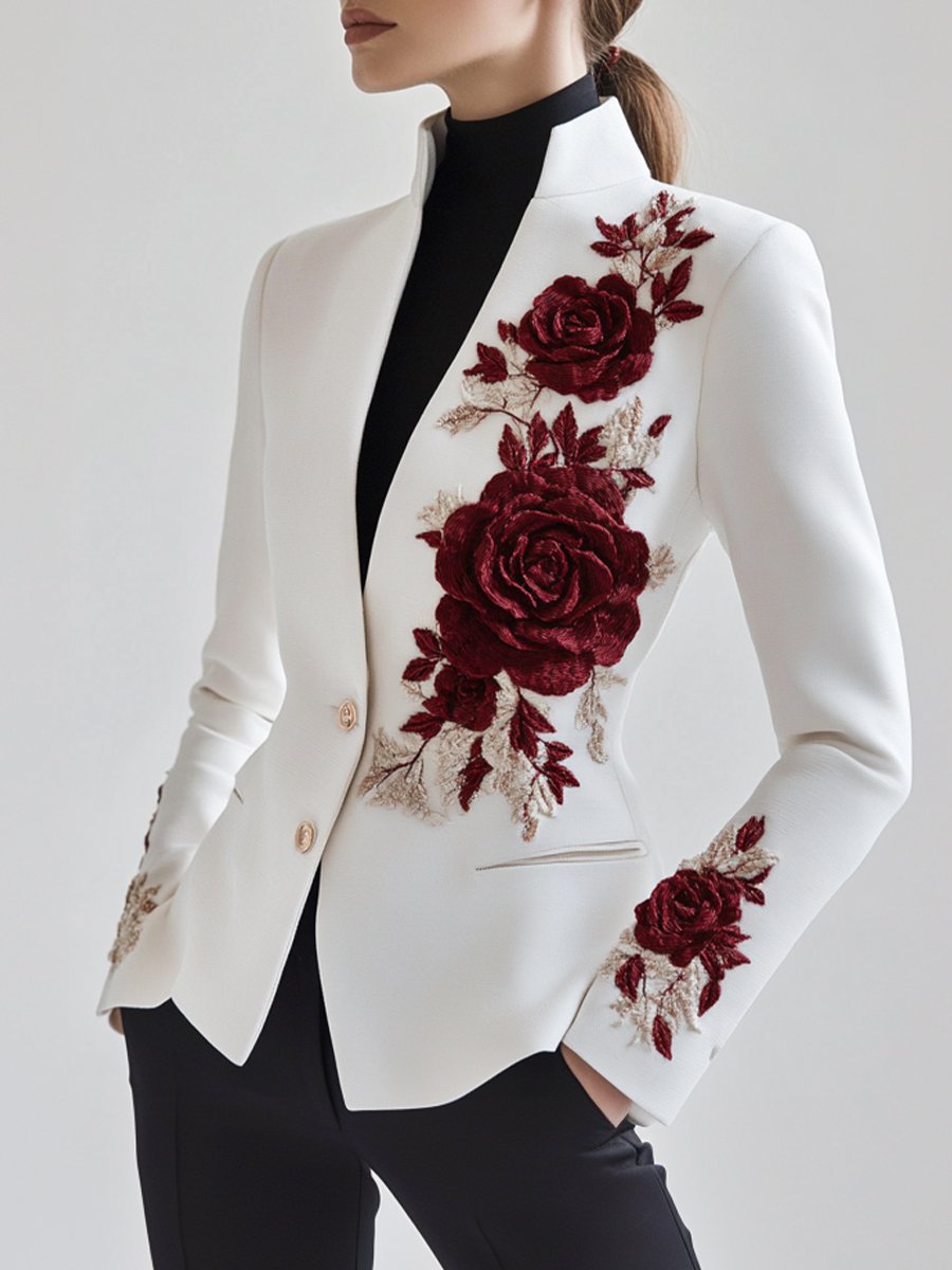 White Tailored Blazer with Red Rose Embroidery - Blazer