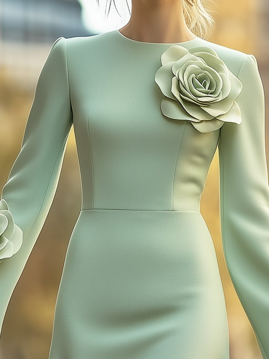 Mint Green 3D Floral A-Line - Midi Dress