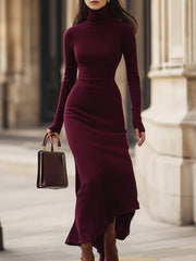 Burgundy High-Stretch Cotton Turtleneck - Midi Dress