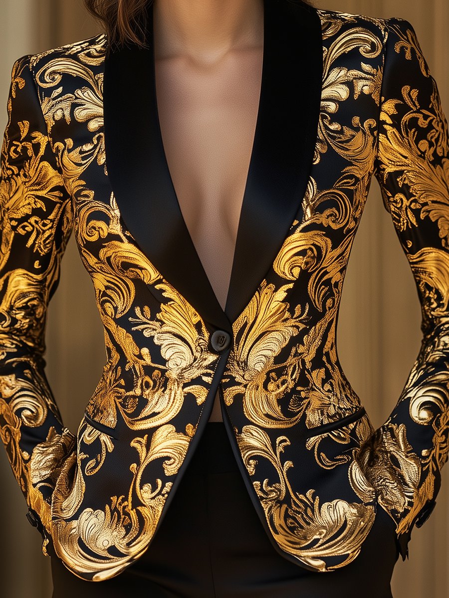 Opulent Black and Gold Blazer with Baroque Floral Printed ZJ