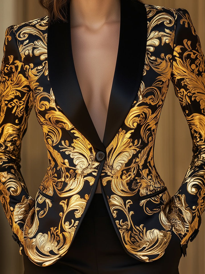 Opulent Black and Gold Blazer with Baroque Floral Printed ZJ