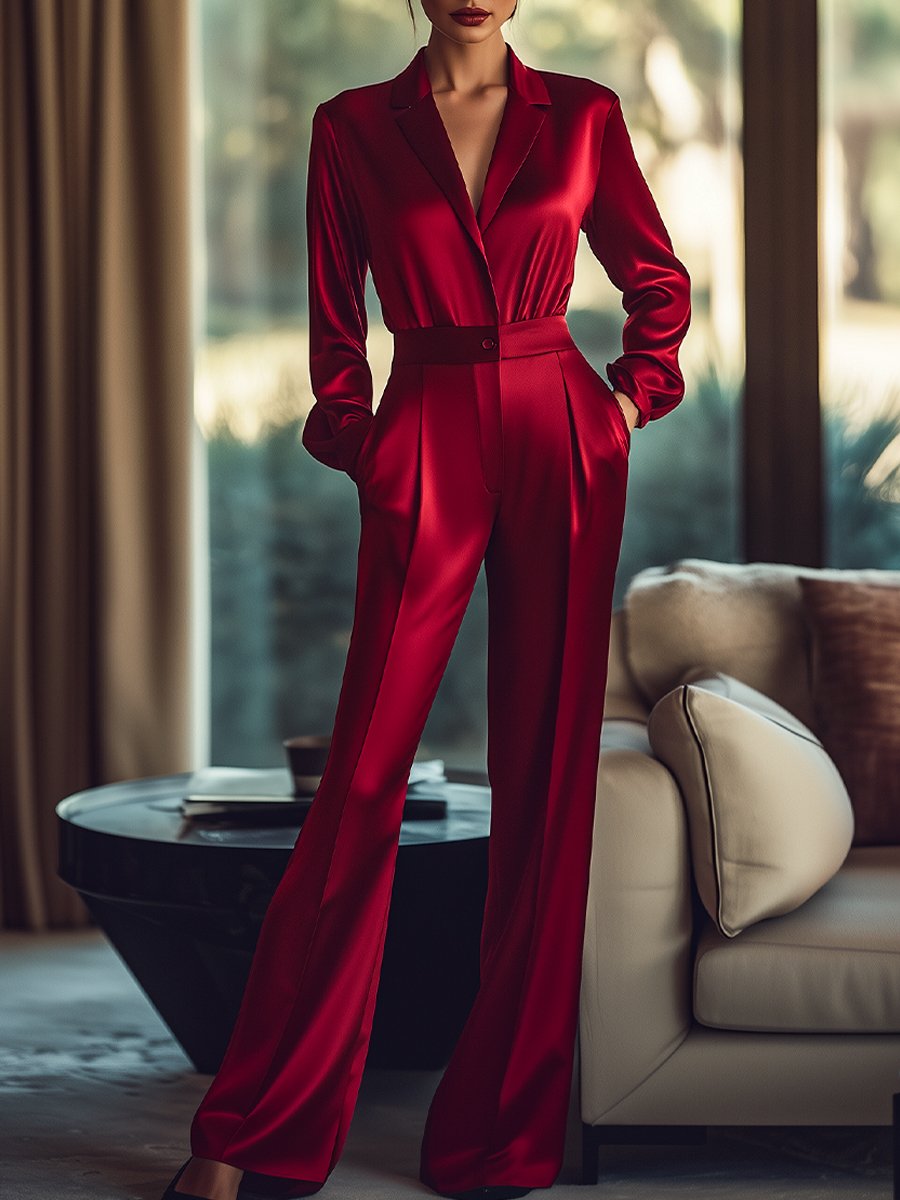 Luxurious Red Satin Buttoned-Waist - Jumpsuit