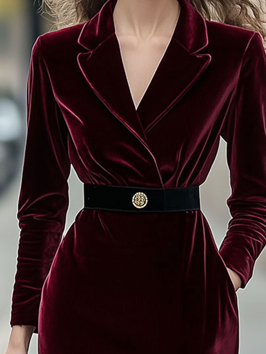 Classic Long-Sleeve Velvet with Gold Accents - Midi Dress