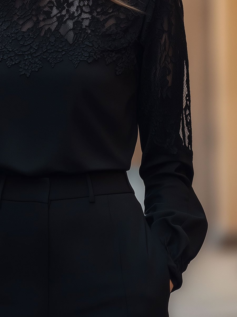 Elegant Sheer Lace Panel Long Sleeve - Blouse
