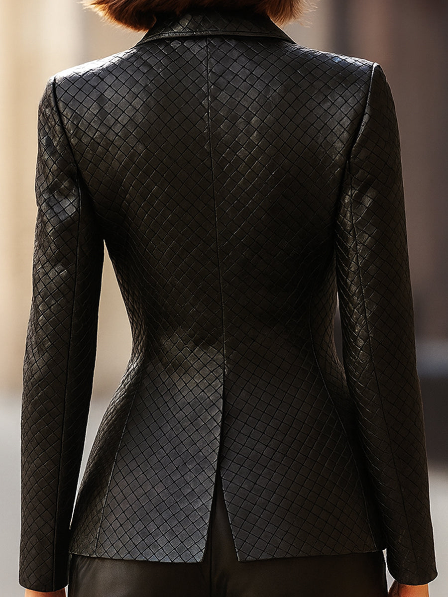 Black Woven Leather Tailored Fit - Blazer