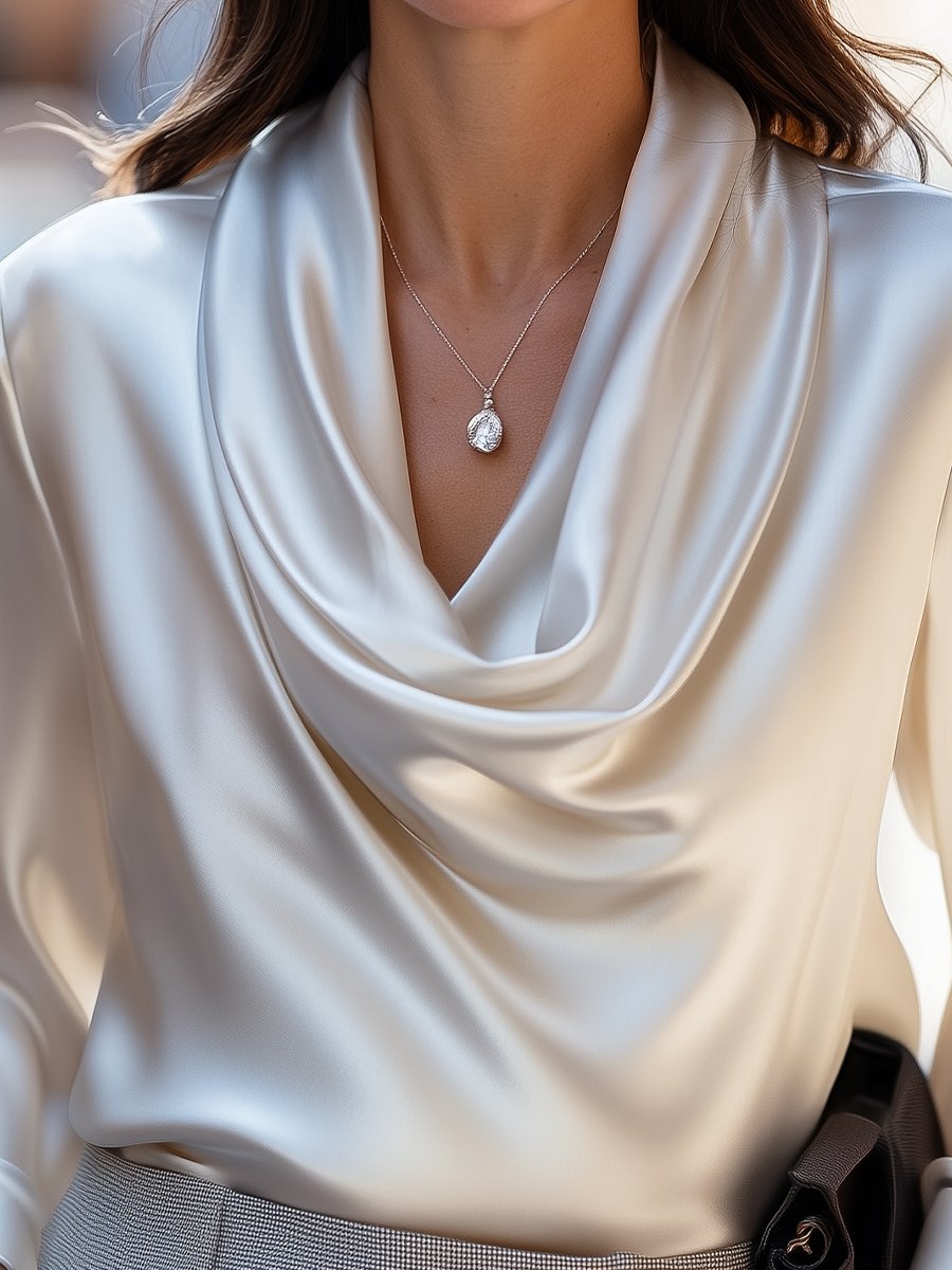 Ivory Satin Draped Cowl-Neck - Blouse
