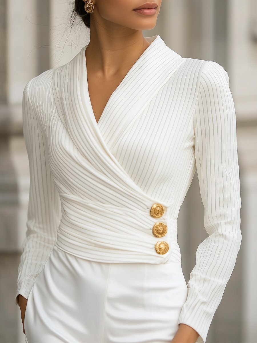 White Striped Pleated Wrap with Gold Buttons - Blouse