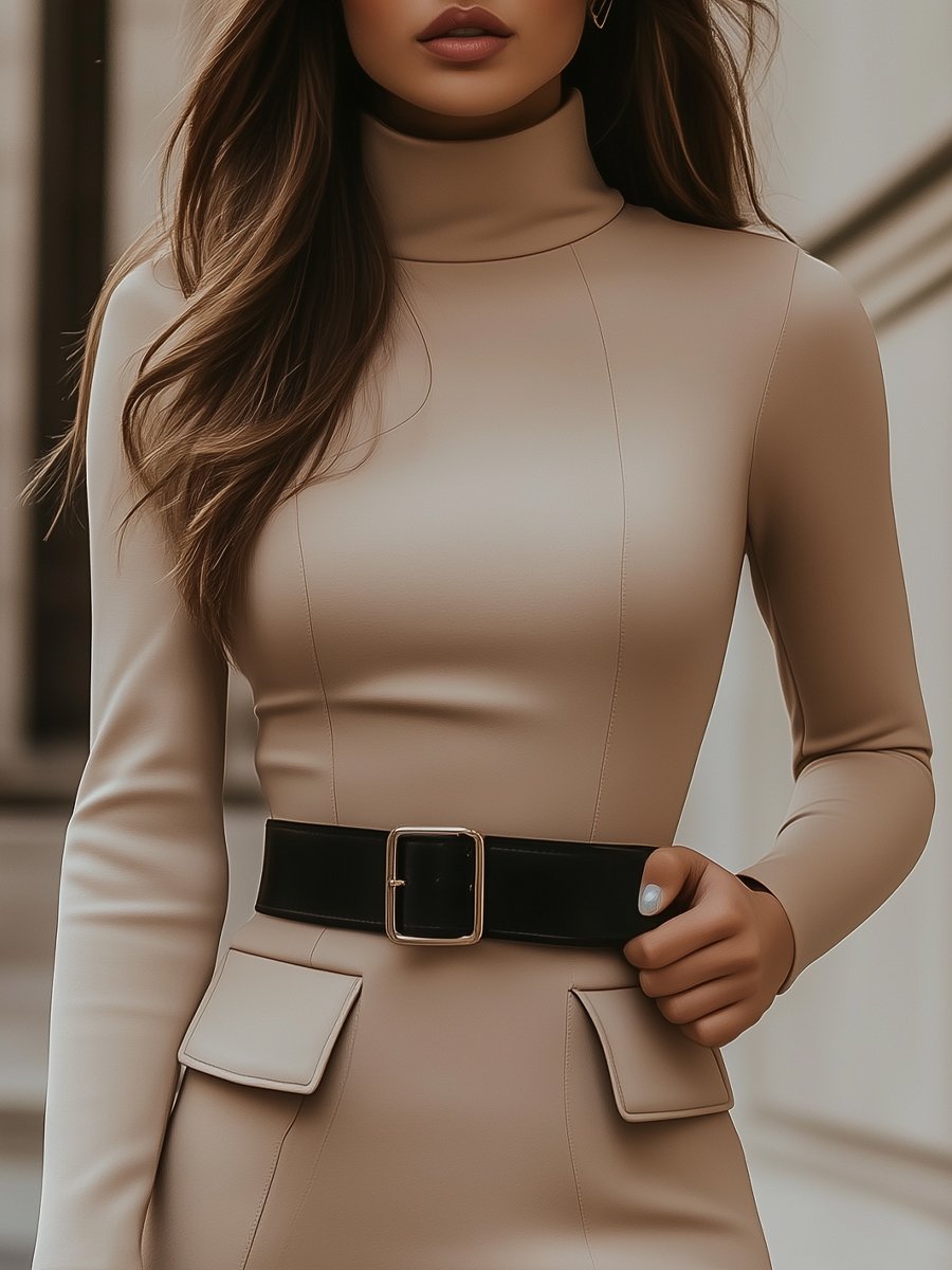 Beige Turtleneck Bodycon with Black Belt Accent - Mini Dress