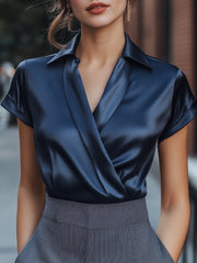 Navy Satin Short-Sleeve Wrap - Blouse