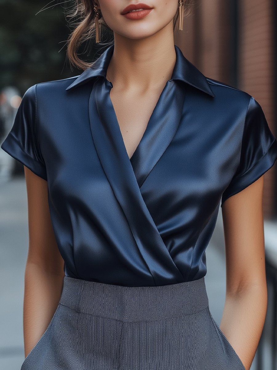 Navy Satin Short-Sleeve Wrap - Blouse