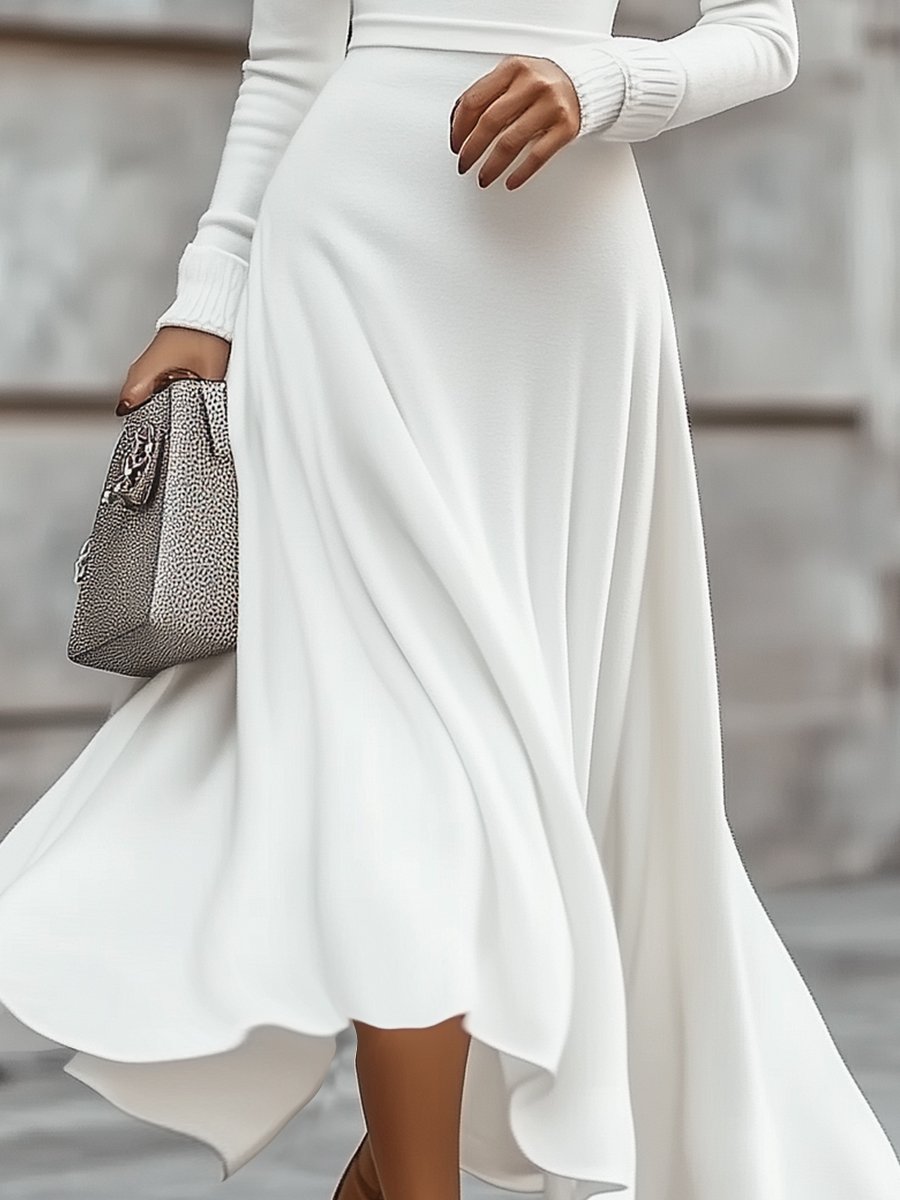 Chic White Turtleneck Cotton Knit - Midi Dress